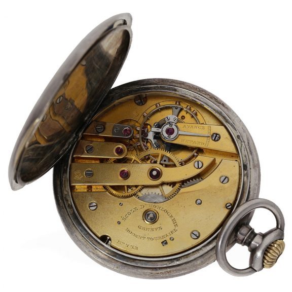 Swiss silver anker chronometer with gold hinges in original case Circa 1918 Swiss silver anker chronometer in original case with gold hinges Circa 1918