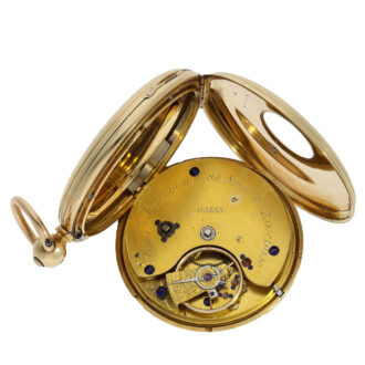 The movement of the watch features an early very fine lever escapement with key winder