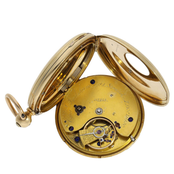 The movement of the watch features an early very fine lever escapement with key winder The movement of the watch features an early very fine lever escapement with key winder