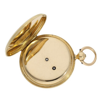 The watch features an elegant 18 Carat gold, plain half hunting case that bears the Hallmarks of London 1865