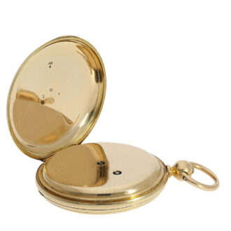 The watch features an elegant 18 Carat gold, plain half hunting case that bears the Hallmarks of London 1865