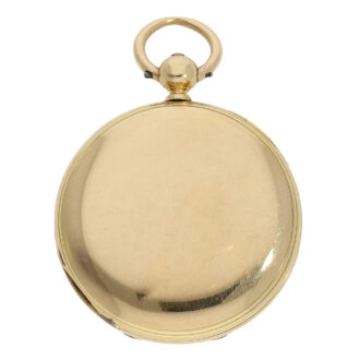 The watch features an elegant 18 Carat gold, plain half hunting case that bears the Hallmarks of London 1865