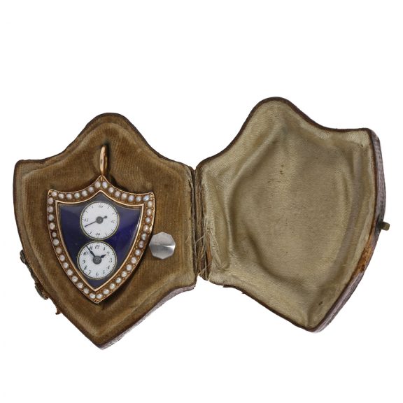 Swiss gold enamel form watch in shield shape in original box Circa 1800 Swiss gold enamel form watch in shield shape in original box Circa 1800