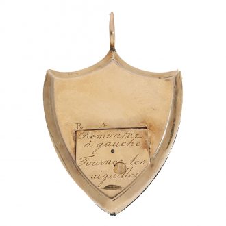 Swiss gold enamel form watch in shield shape in original box Circa 1800 Swiss gold enamel form watch in shield shape in original box Circa 1800