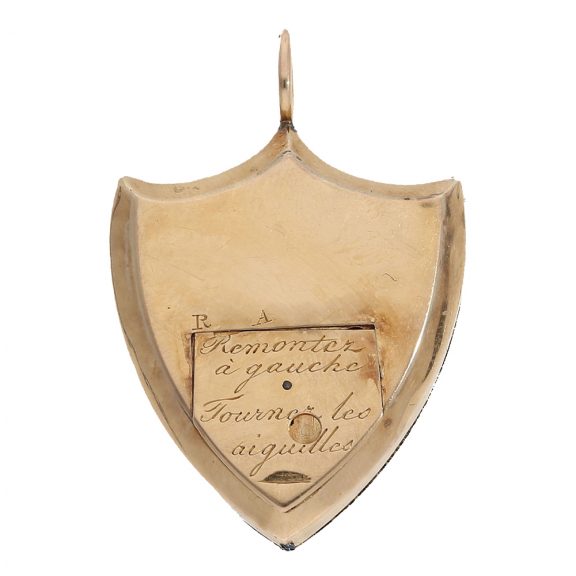 Swiss gold enamel form watch in shield shape in original box Circa 1800 Swiss gold enamel form watch in shield shape in original box Circa 1800