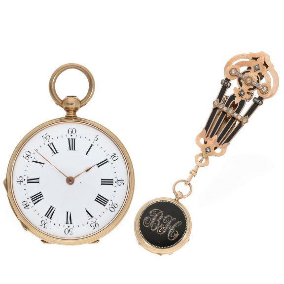 Swiss 18K gold cylinder pocket watch with chatelaine Circa 1878