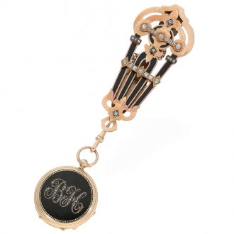 Swiss 18K gold cylinder pocket watch with chatelaine Circa 1878