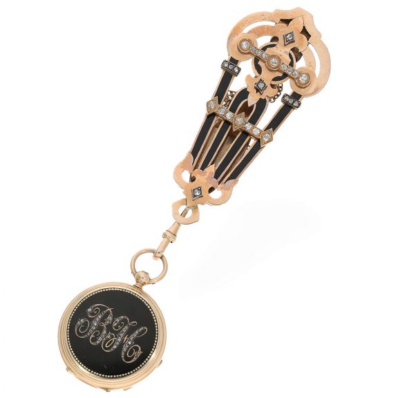 Swiss 18K gold cylinder pocket watch with chatelaine Circa 1878 Swiss 18K gold cylinder pocket watch with chatelaine Circa 1878