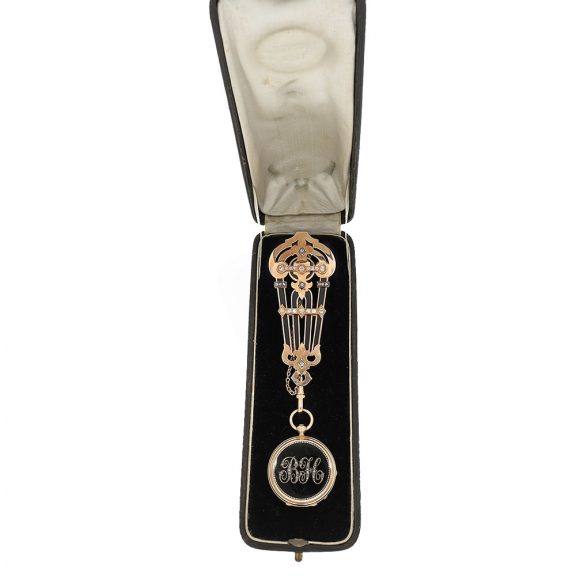 Swiss 18K gold cylinder pocket watch with chatelaine Circa 1878 Swiss 18K gold cylinder pocket watch with chatelaine Circa 1878