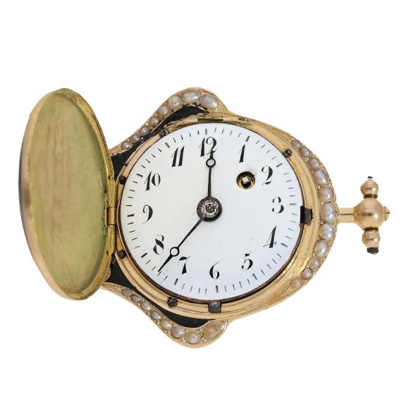 Probably Swiss miniature gold enamel form watch Circa 1800 Probably Swiss miniature gold enamel form watch Circa 1800