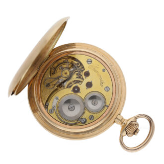 The movement of the watch is also factory glazed and features a fine chronometer escapement with an unusual 3/4 plate, screwed gold chatons, a fine adjustment and a cylindrical hairspring