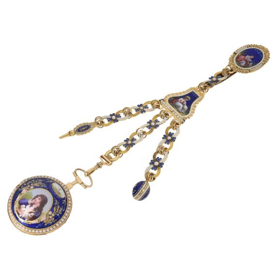 Swiss gold enamel verge watch with chatelaine Circa 1780 Swiss gold enamel verge watch with chatelaine Circa 1780