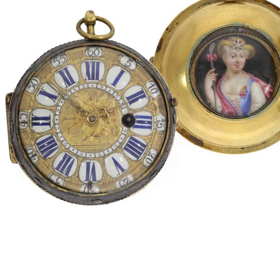 Swiss gilt oignon pocket watch with enamel plaque Circa 1690 Swiss gilt oignon pocket watch with enamel plaque Circa 1690
