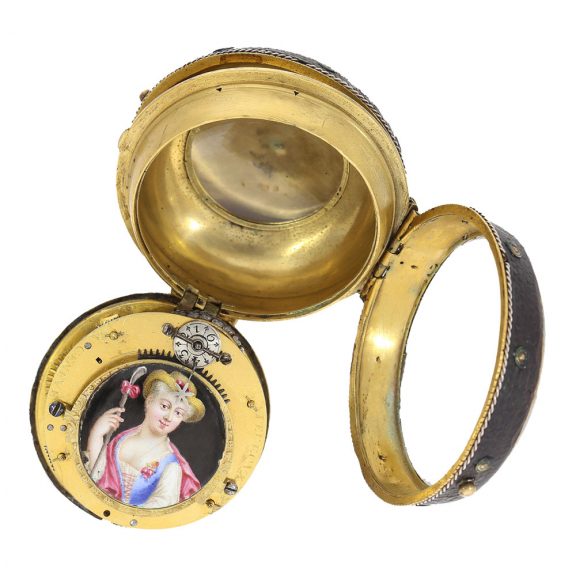 Swiss gilt oignon pocket watch with enamel plaque Circa 1690 Swiss gilt oignon pocket watch with enamel plaque Circa 1690
