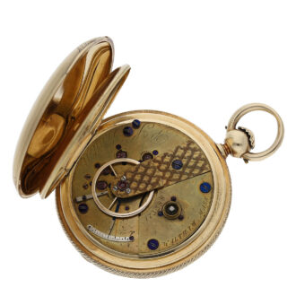 The movement of this pocket watch features an early precision lever escapement with exceptionally large ruby bearing jewels, known as the "Liverpool Windows"
