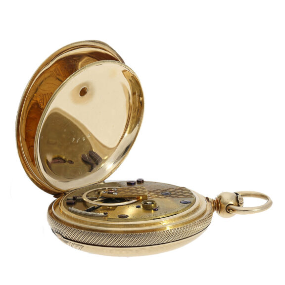 The movement of this pocket watch features an early precision lever escapement with exceptionally large ruby bearing jewels, known as the "Liverpool Windows"The movement of this pocket watch features an early precision lever escapement with exceptionally large ruby bearing jewels, known as the "Liverpool Windows" The movement of this pocket watch features an early precision lever escapement with exceptionally large ruby bearing jewels, known as the "Liverpool Windows"