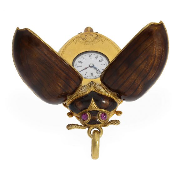 Swiss rare 18 carat gold and enamel scarab form watch Circa 1870