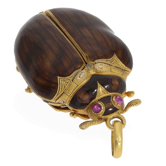 Swiss rare 18 carat gold and enamel scarab form watch Circa 1870 Swiss rare 18 carat gold and enamel scarab form watch Circa 1870