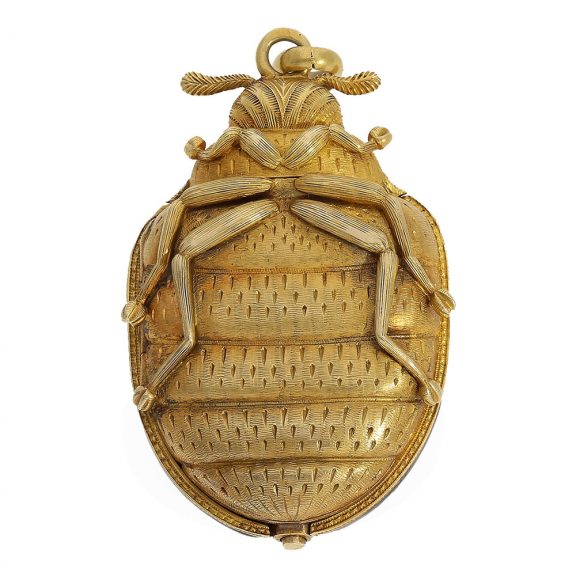 Swiss rare 18 carat gold and enamel scarab form watch Circa 1870 Swiss rare 18 carat gold and enamel scarab form watch Circa 1870