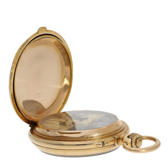 The movement of this pocket features a fine precision lever escapement, chronograph complication, tandem winding according to Mairet, and two barrels for the movement and “Seconde Morte” The movement of this pocket features a fine precision lever escapement, chronograph complication, tandem winding according to Mairet, and two barrels for the movement and “Seconde Morte”