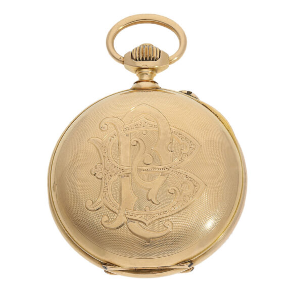 This particular pocket watch boasts a design, featuring an 18 carat gold "á-goutte" (waterdrop shape) open faced engine turned case numbered No.19681 and featuring factory glazing, with a monogram engraved on the back This particular pocket watch boasts a design, featuring an 18 carat gold "á-goutte" (waterdrop shape) open faced engine turned case numbered No.19681 and featuring factory glazing, with a monogram engraved on the back