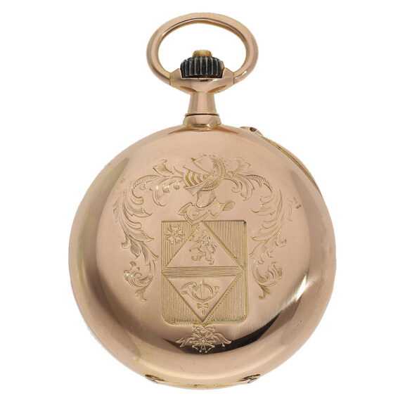 The open faced 18 Carat red gold "à-goutte" (water drop shaped) case features a noble coat of arms on the back The open faced 18 Carat red gold "à-goutte" (water drop shaped) case features a noble coat of arms on the back