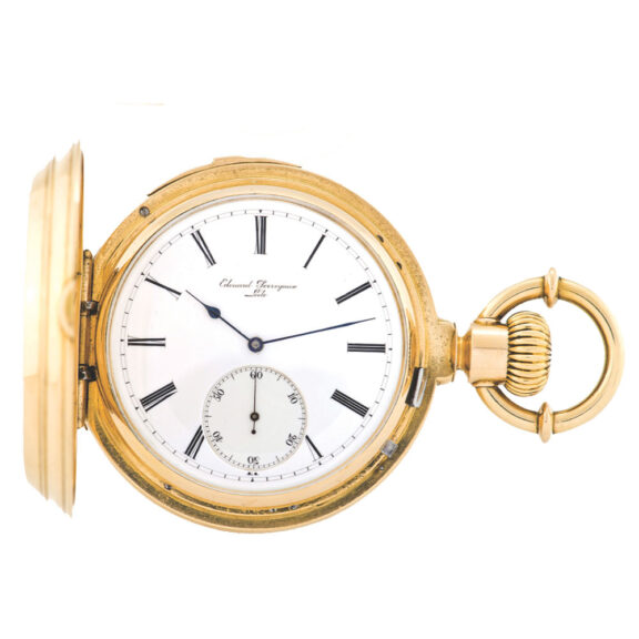 Meantime dial: white enamel with radial narrow Roman numerals, outer minute track, subsidiary seconds and blued steel spade hands. Meantime dial: white enamel with radial narrow Roman numerals, outer minute track, subsidiary seconds and blued steel spade hands.