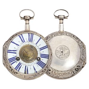 French silver verge with engraved landscape scene Circa 1667