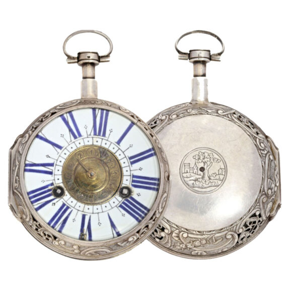 French silver verge with engraved landscape scene Circa 1667