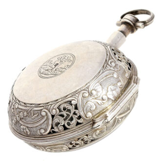 French silver verge with engraved landscape scene Circa 1667