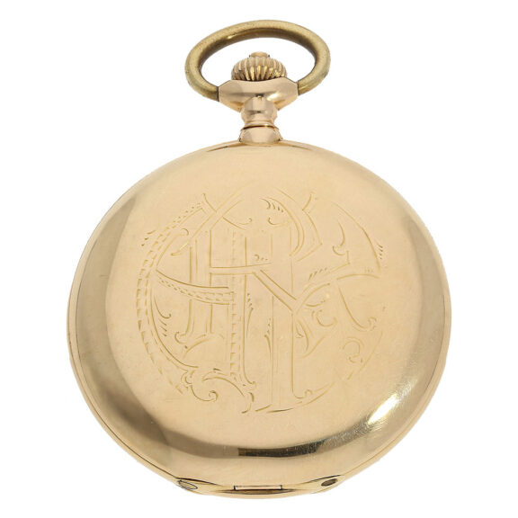The 18 Carat gold à goutte (waterdrop shape) full hunting case of this watch features a hallmark Ulysse Nardin B966 and a monogram on the back The 18 Carat gold à goutte (waterdrop shape) full hunting case of this watch features a hallmark Ulysse Nardin B966 and a monogram on the back