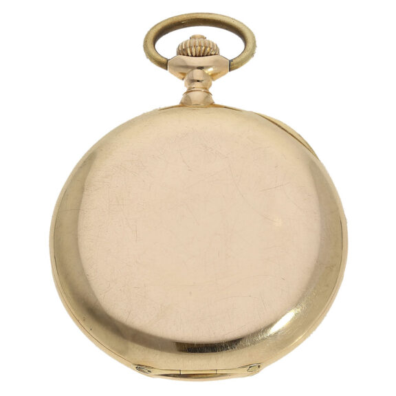 The 18 Carat gold à goutte (waterdrop shape) full hunting case of this watch features a hallmark Ulysse Nardin B966 and a monogram on the back The 18 Carat gold à goutte (waterdrop shape) full hunting case of this watch features a hallmark Ulysse Nardin B966 and a monogram on the back