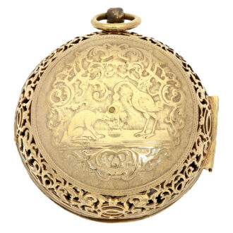 French gilt repoussé scene on back "cat and goose" Circa 1700