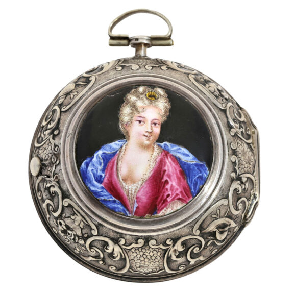 French silver verge with beautiful lady's portrait Circa 1690