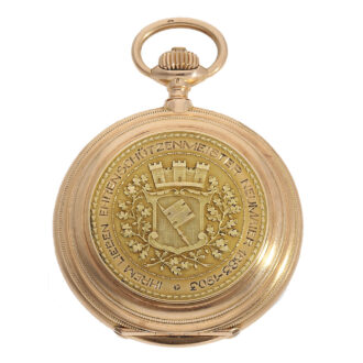 This heavy pocket watch has a full hunter case which is adorned with solid gold relief inlays commemorating the Würzburg rifle master of 1883 - 1903