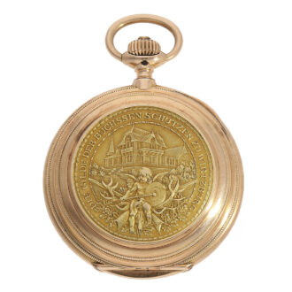 This heavy pocket watch has a full hunter case which is adorned with solid gold relief inlays commemorating the Würzburg rifle master of 1883 - 1903