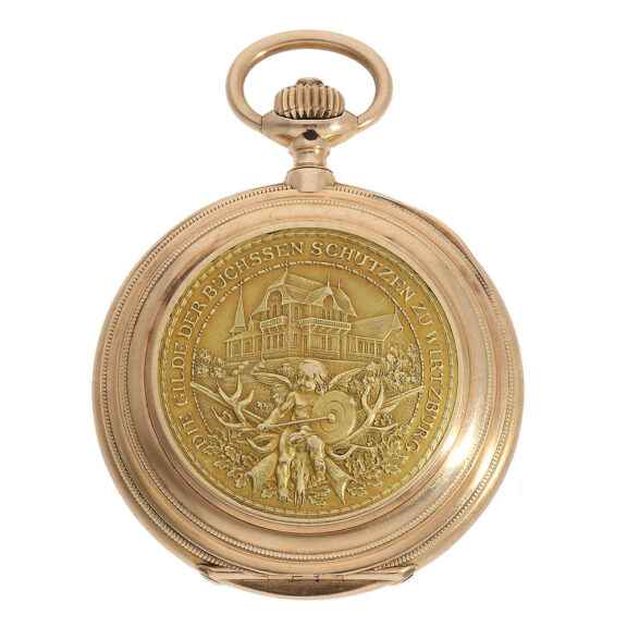 This heavy pocket watch has a full hunter case which is adorned with solid gold relief inlays commemorating the Würzburg rifle master of 1883 - 1903 This heavy pocket watch has a full hunter case which is adorned with solid gold relief inlays commemorating the Würzburg rifle master of 1883 - 1903