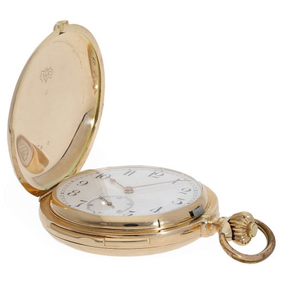 Swiss 14 Carat gold full hunter cased watch with minute repeater Circa 1900 Swiss 14 Carat gold full hunter cased watch with minute repeater Circa 1900