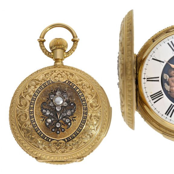 Swiss 18 carat gold and enamel à goutte case repeater watch Circa 1880 Swiss 18 carat gold and enamel à goutte case repeater watch Circa 1880