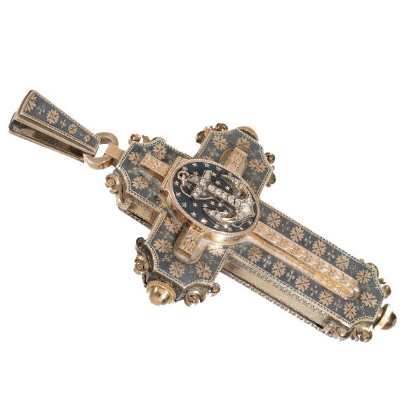 Swiss 18 carat gold pendant form watch set with diamonds Circa 1880 Swiss 18 carat gold pendant form watch set with diamonds Circa 1880