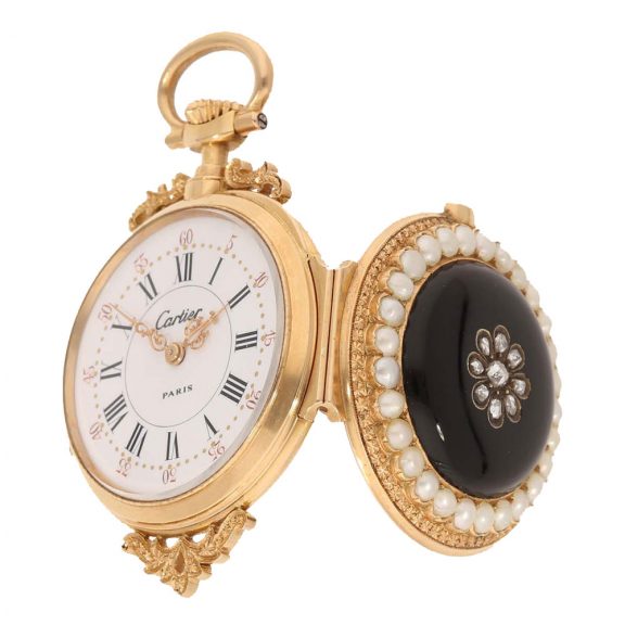 French 18 carat gold pocket pendant watch with stone decoration Circa 1890 French 18 carat gold pocket pendant watch with stone decoration Circa 1890