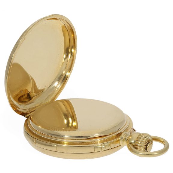 Swiss 18 Carat gold full hunter cased watch with minute repeater Circa 1860 Swiss 18 Carat gold full hunter cased watch with minute repeater Circa 1860