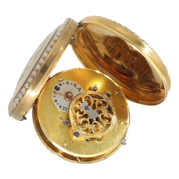 French 18 carat gold and enamel full hunter cased watch Circa 1850 French 18 carat gold and enamel full hunter cased watch Circa 1850