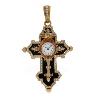 Swiss gold pendant and form watch set with diamonds Circa 1880 Swiss gold pendant and form watch set with diamonds Circa 1880