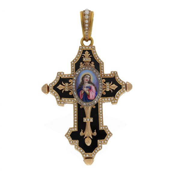 Swiss gold pendant and form watch set with diamonds Circa 1880 Swiss gold pendant and form watch set with diamonds Circa 1880