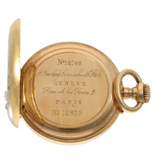 Swiss 18 carat gold pendant watch with chatelaine in original box Circa 1880
