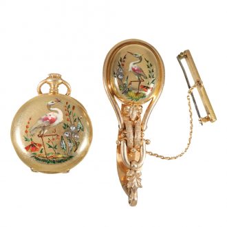 Swiss 18 carat gold pendant watch with chatelaine in original box Circa 1880