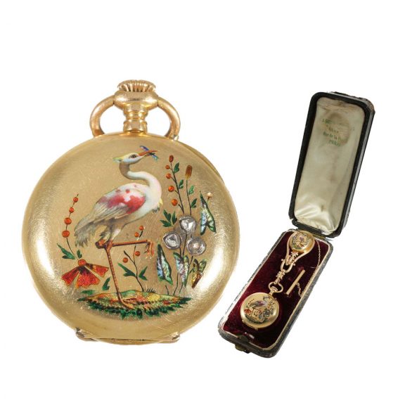Swiss 18 carat gold pendant watch with chatelaine in original box Circa 1880 Swiss 18 carat gold pendant watch with chatelaine in original box Circa 1880