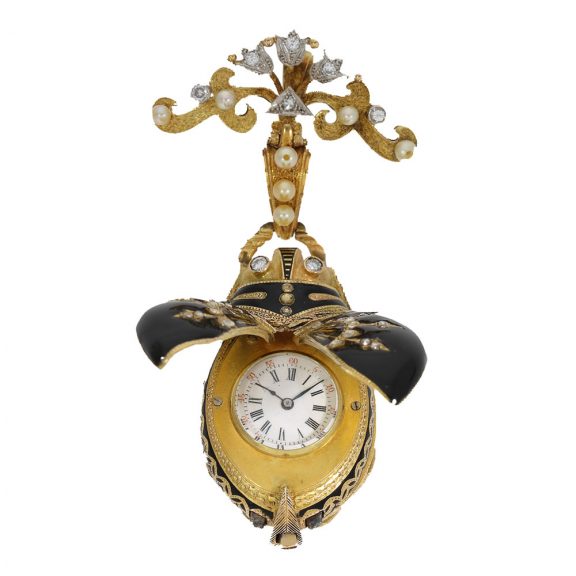 Swiss gold and enamel scarab form watch set with pearls Circa 1870