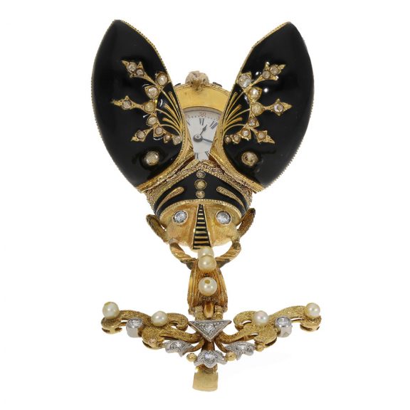 Swiss gold and enamel scarab form watch set with pearls Circa 1870 Swiss gold and enamel scarab form watch set with pearls Circa 1870